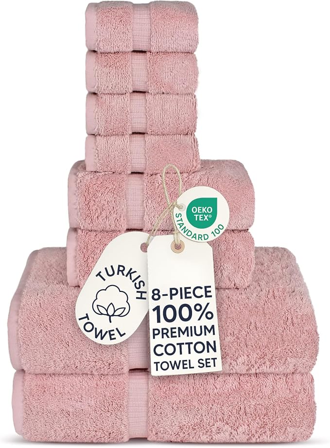 Chakir Turkish Linens 100% Cotton 8-Piece Towel Set, Pink | 100% cotton 8-pc set, OEKO-TEX certified: 2 bath 27x54, 2 hand 16x30, 4 washcloths 13x13