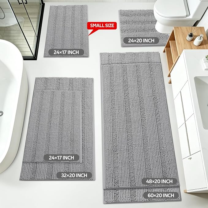 Striped Light Grey Bathroom Rug Mat Set 2 piece 32"x20"+24"x17" Ultra Soft, Non Slip Chenille Bath Rugs, Absorbent Plush Shaggy Bath Mats for Bathroom, Bedroom, Kitchen, Shower, Tub,Light Gray