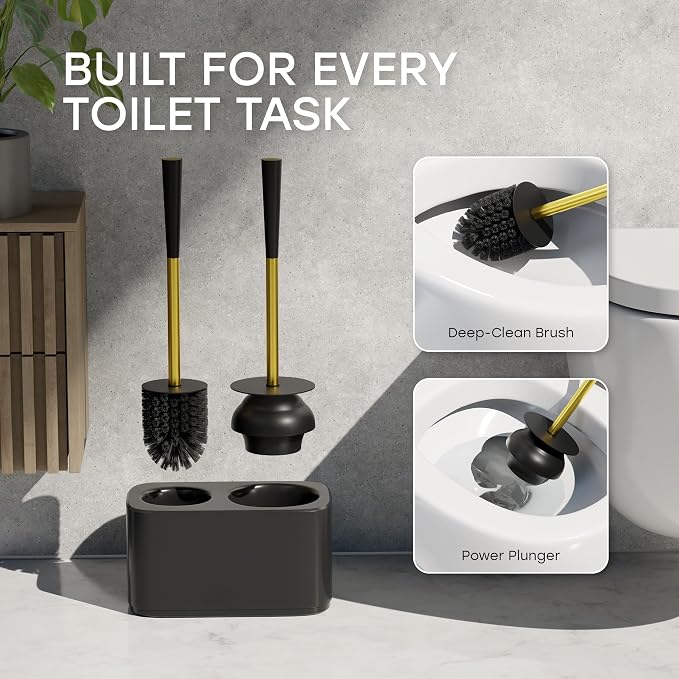 2-in-1 Toilet Bowl Brush and Plunger Set with Caddy – Gold | All-in-one toilet bowl brush and plunger combo with a compact plastic caddy & steel handles in gold