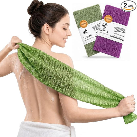 2PCS Exfoliating Washcloth Towel - Exfoliating Body Scrubber Exfoliator, Loofah Sponge Wash Cloth, Korean & Japanse & African Net Sponge Rag - Back Scrubber Washer (Olive Green+Deep Purple)