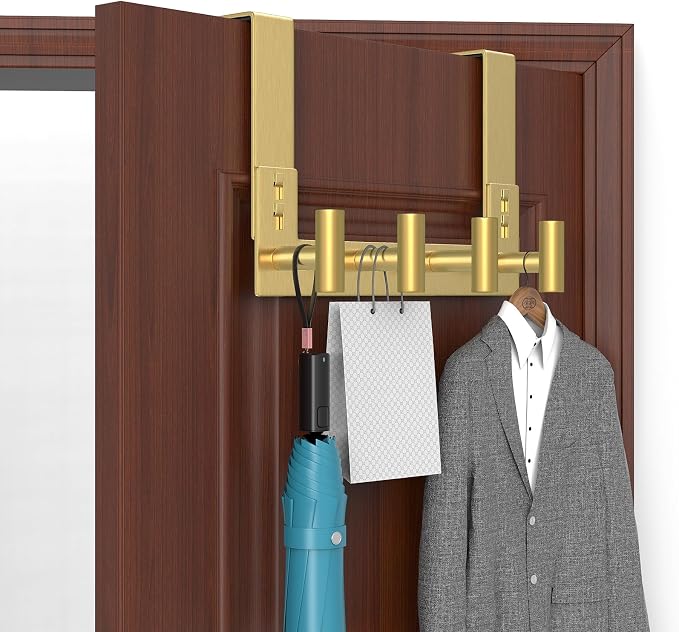 PMMASTO Over The Door Hooks, Fits 1-3/4" Thick Door No Drill Hooks for Closet Bathroom Bedroom Organization, Hanger for Coat Towel Robe (Gold, 4 T-Hooks)