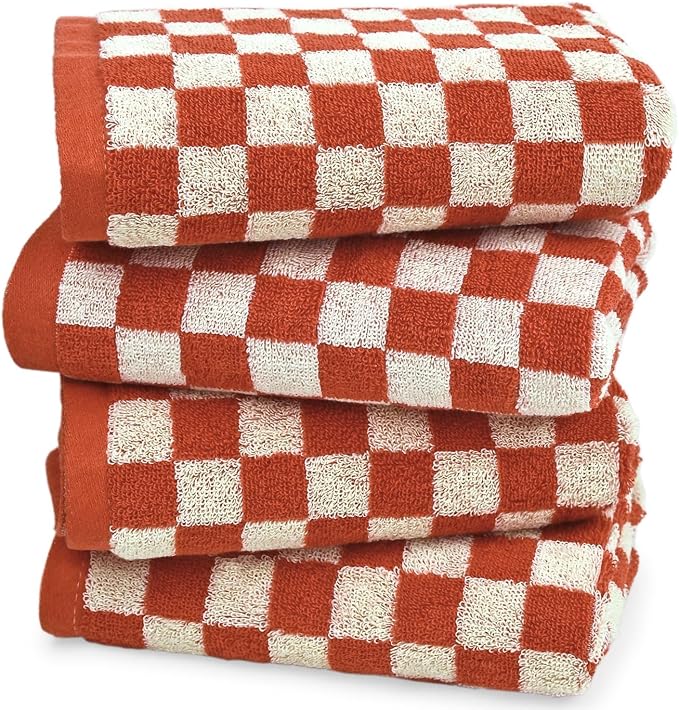 Checkered Hand Towel (13x29 Inches) - Kitchen Hand Towels Pack of 4, | Absorbent Cotton Rags for Bathroom Face Gym Fall Kitchen Towels