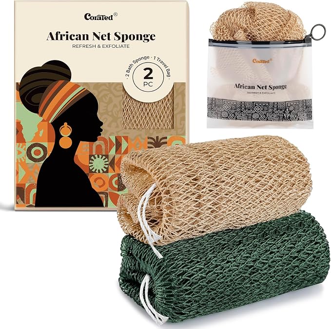 CORATED African Net Sponge Authentic, Shower Loofah Bath Sponge with Knots | Exfoliating Body Scrubber for Women and Men Daily Use Body Care, Travel Portable Bath Accessories for Bathroom