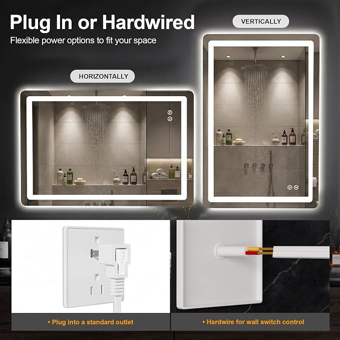 LED Bathroom Mirror with Lights, 20 x 30 Lighted Vanity Wall Mirror | Backlit and Frontlit, Anti-Fog, Dimmable 3 Colors, Shatter-Proof Tempered Glass, Memory Function, Plug-in/Hardwired