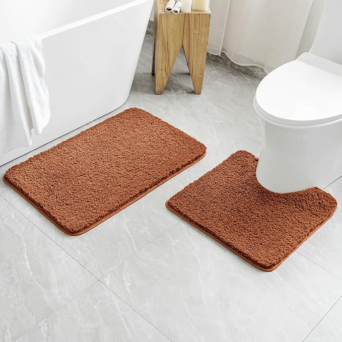 MIULEE Fall Burnt Orange Bathroom Rugs Set 2 Piece Bath Mats 20x20+20x30 | Absorbent Microfiber Bath Mat and U-Shaped Toilet Rug, Non Slip, Quick Dry, for Bathroom Floor Tub Showers, Machine Washable