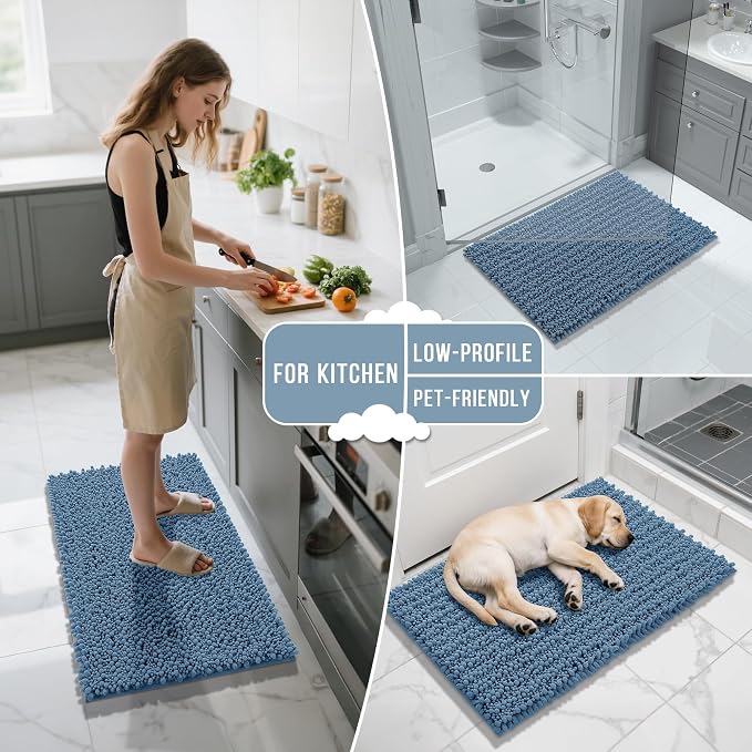 Yimobra Bathroom Rugs Sets 2 Piece - Quick Dry Extra Thick Luxury Chenille Bath Mat, Non Slip Super Absorbent for Tub Shower Sink, Machine Washable Shaggy Floor Mat, 24"x17+24"x20" Inch, Denim Blue
