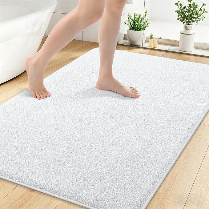 Smiry Memory Foam Bath Mat 44x32, Extra Soft Absorbent Bathroom Rugs | White Quick Dry, Machine Washable Bath Mats for Bathroom, Shower, Tub and Home Decor Accessories