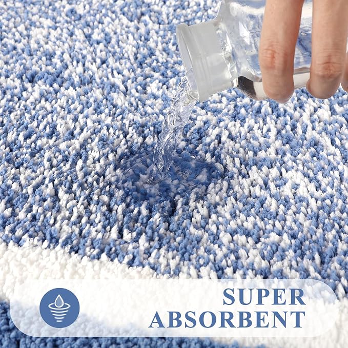Pauwer Bathroom Rug Sets 3 Piece, Non Slip Washable Bath Mat, Blue | Soft Plush Microfiber, Super Absorbent Floor Carpet, U Shaped Toilet Mats, Quick Dry, Shaggy Shower Rugs Runners