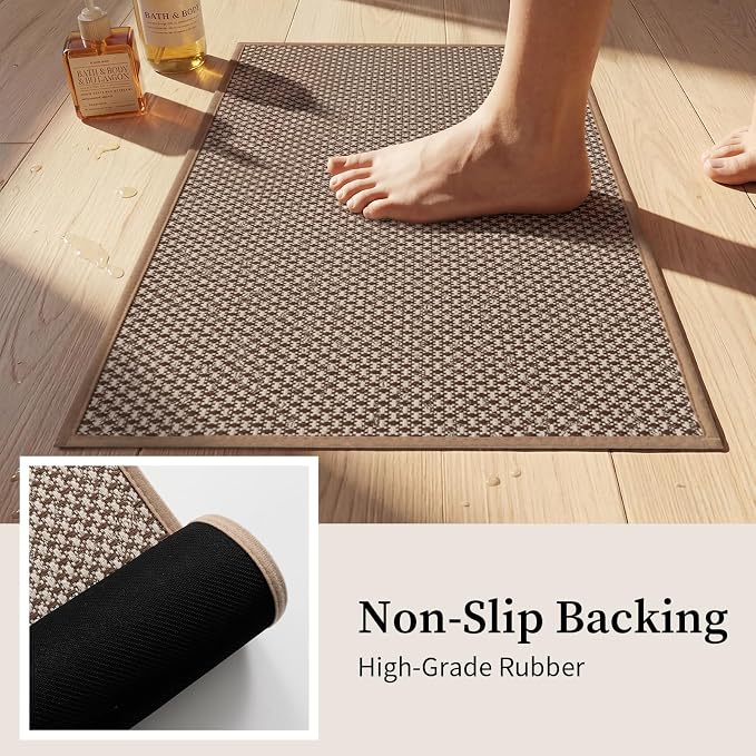 YIHOUSE Thin Bath Mat Khaki Bathroom Rugs Sets 3 Pieces, Non Slip Absorbent Bath Mats Quick Dry, Woven Braided Rugs Washable,Tapetes para Baño for Bathroom,Bathtub(17.5"x24"U+17"x24"+17"x47")