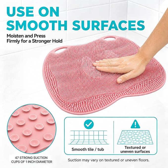 XL Silicone Shower Foot Scrubber Mat with Suction Cups, Foot Washer for Shower, Foot and Back Scrubber for Smooth Shower Wall or Floor, Pink, 17.3 x 12.9 in