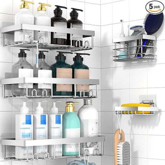 Moforoco Adhesive Shower Caddy Organizer Shelves Rack - 5 Pack Corner Bathroom Storage Organization, Home & Kitchen Decor Inside RV Accessories, Hanging First Apartment Household Camper Essentials
