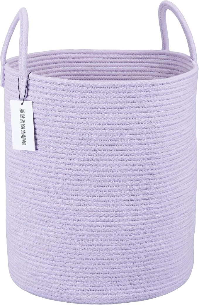 XUANGUO Rope Laundry Basket Hamper for Clothes Woven Storage Basket for Living Room Bedroom Boho Tall Rope Baskets for Blanket Toys Pillow Towels Baby Nursery Hamper Bin Large purple or lavender