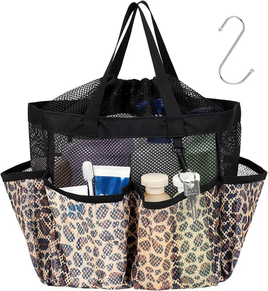 F-color Mesh Shower Caddy Portable with Drawstring - Large 8 Pockets Dorm Room Essentials for Guys Girls with S Hook, Shower Bag Basket Tote for College Camping Gym Travel Toiletry Bathroom, Leopard