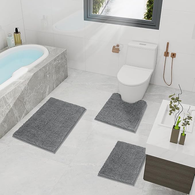 TREETONE Bathroom Rugs Sets, Thick Soft Absorbent 3 Piece Chenille Bath Rugs, Non-Slip, Dry Quickly, Machine Washable, Shaggy Mats with U-Shaped Toilet Rug for Bathroom Floor, Tub and Shower, Grey