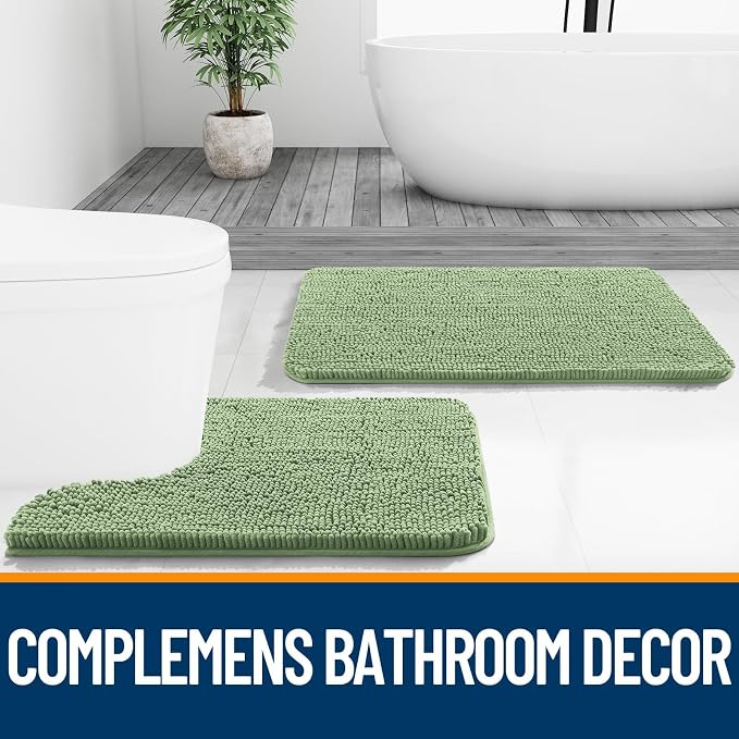 OLANLY Toilet Rugs U-Shaped 24x24, Soft Absorbent Chenille Contour Rugs | Sage Green, Quick-Drying Rubber Backing, Machine Washable Non-Slip Shaggy Bathroom Mat for Toilet, Home Decor Accessories