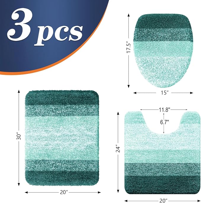 OLANLY Bathroom Rugs Sets 3 piece, Soft Microfiber Absorbent Bath Mat, U-Shaped Contour Toilet Mat and Toilet Lid Cover, Quick Dry, Machine Washable, Toilet Cover and Rug Set, Blackish Green