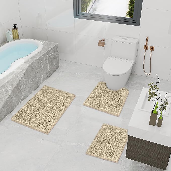 TREETONE Bathroom Rugs Sets, Thick Soft Absorbent 3 Piece Chenille Bath Rugs, Non-Slip, Dry Quickly, Machine Washable, Shaggy Mats with U-Shaped Toilet Rug for Bathroom Floor, Tub and Shower, Beige