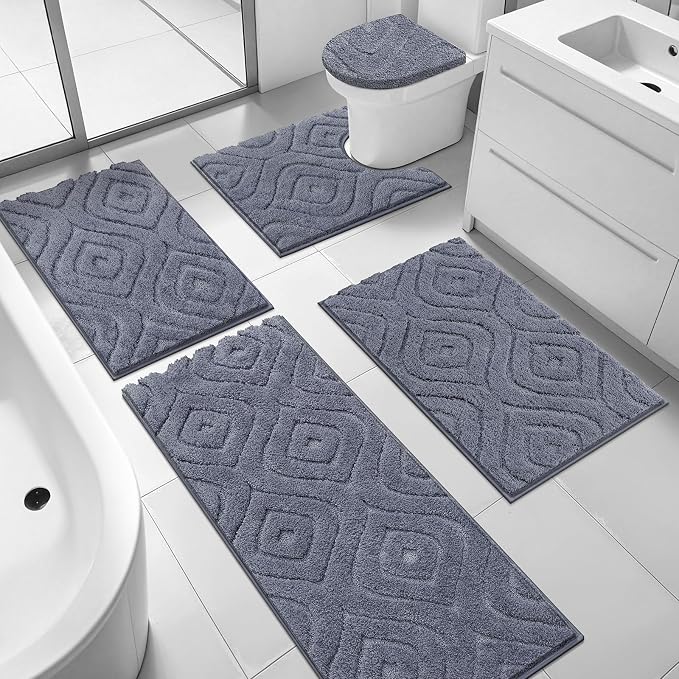 Ileading Bathroom Rugs Sets 5 Piece, Non Slip Washable Bath Mat Set | Absorbent Plush Microfiber Bathroom Mat Set with Toilet Cover, Bath Runner and U-Shaped Contour Rug for Tub, Shower, Grey