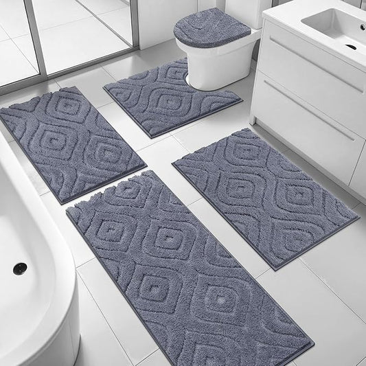 Ileading Bathroom Rugs Sets 5 Piece, Non Slip Washable Bath Mat Set | Absorbent Plush Microfiber Bathroom Mat Set with Toilet Cover, Bath Runner and U-Shaped Contour Rug for Tub, Shower, Grey