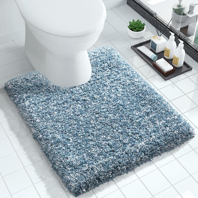 Yimobra Toilet Rugs U Shaped Washable 24X20, Ultra Soft and Water Absorbent Bath Mats, Non Slip Fluffy Shaggy Luxury Microfiber Contour Bath Rugs for Toilet, Dry Quick, Denim Blue and White