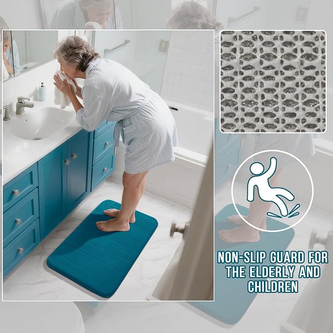 Yimobra Memory Foam Bath Mat, Super Soft Absorbent Bathroom Rug Non Slip 31.5x20 Inch, Quick Dry, Machine Washable Floor Carpet for Tub Shower, Home Decor Accessories, Peacock Blue