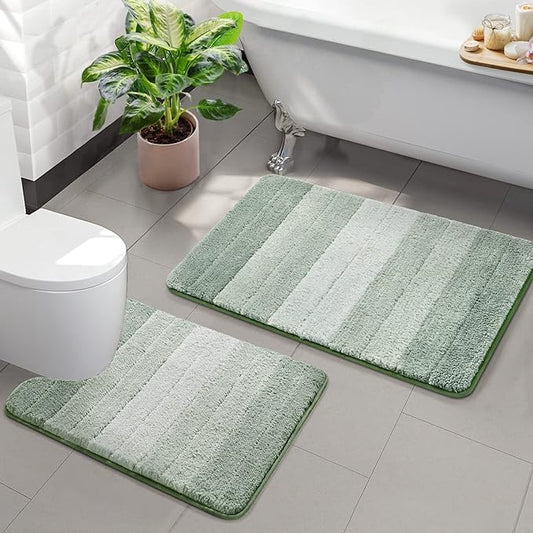 2 Piece Ombre Bath Mat Set for Bathroom, Non Slip Ultra Soft and Thick Water Absorbent Bath Carpet, Machine Washable & Quick Dry Bathroom Rug, for Bedroom Door Living Room Green