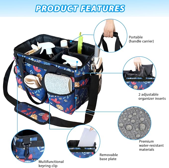 Cleaning Caddy Bag, Cleaning Caddy Organizer With Handle - Large Caddy Bag For House, Car, And Bathroom Cleaning Supplies, Housekeeping Handbag With Adjustable Shoulder Straps (Blue)