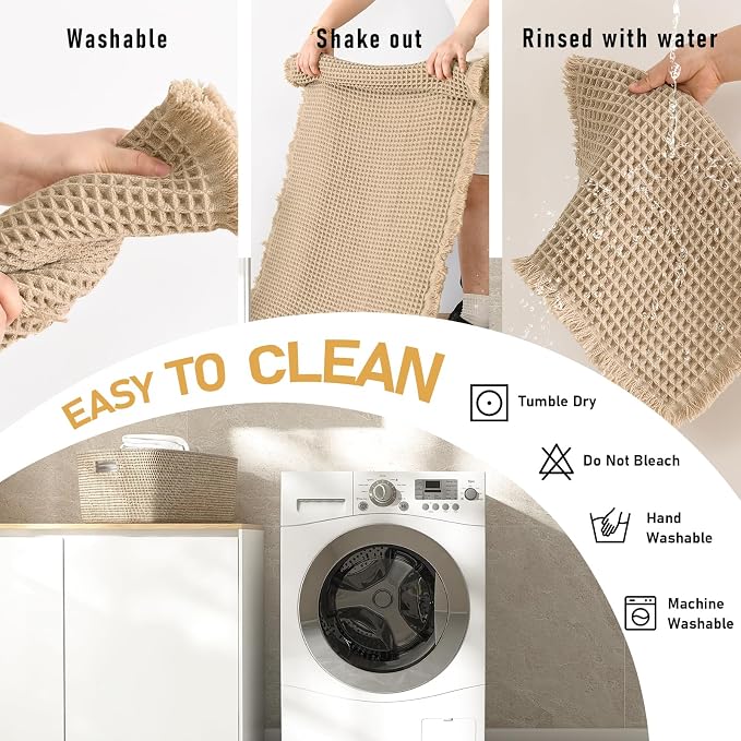 JIUZHEN Set of 2 Waffle Bathroom Rugs Boho Bath Mats 16"x24"+24"x36" Brown | Non Slip, Super Absorbent, Washable, Ultra Soft, Fast Drying Waffle Bathroom Rugs for Bathroom Floor, Tub, Shower