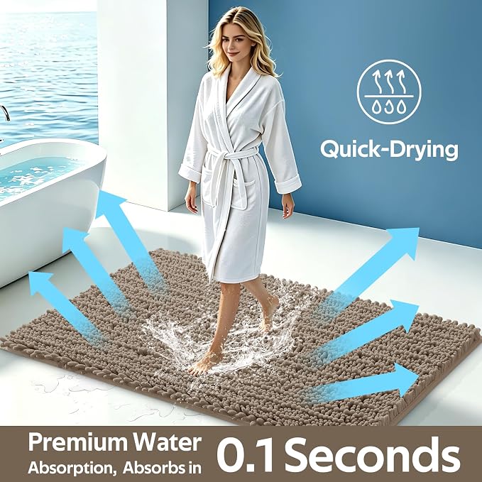 ACCUMTEK Upgrade Extra Large Dark Beige Bathroom Rug Set 3 Pieces Gray Ultra Soft, Thick Absorbent Bath Mats, Non Slip Chenille Toilet Mat Bathroom, Bedroom, Kitchen, Taupe