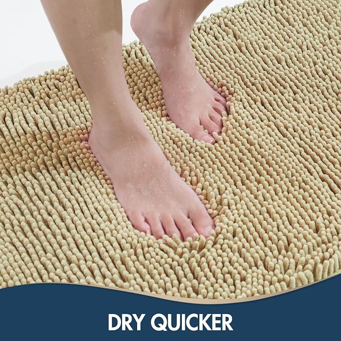 TREETONE Bathroom Rugs Sets, Thick Soft Absorbent 3 Piece Chenille Bath Rugs, Non-Slip, Dry Quickly, Machine Washable, Shaggy Mats with U-Shaped Toilet Rug for Bathroom Floor, Tub and Shower, Beige
