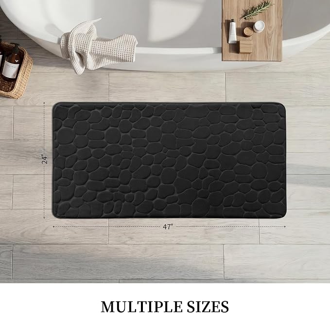 YIHOUSE Memory Foam Runner Rug, Cobblestone Bathroom Runner Rugs Super Water Absorbent Bath Mats for Bathroom Machine Washable Bath Rugs for Hallway Bedroom Laundry Room(24 x 47,Black)