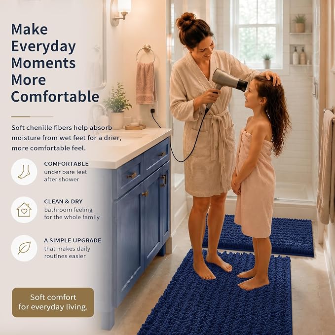 Yimobra Bathroom Rug Set 3 Piece, Super Absorbent Bath Mat Set, Navy Blue | Quick Dry Soft Chenille Bath Rugs & Toilet Rug, Non Slip Machine Washable, Extra Thick Shaggy Floor Mat for Shower Tub Sink