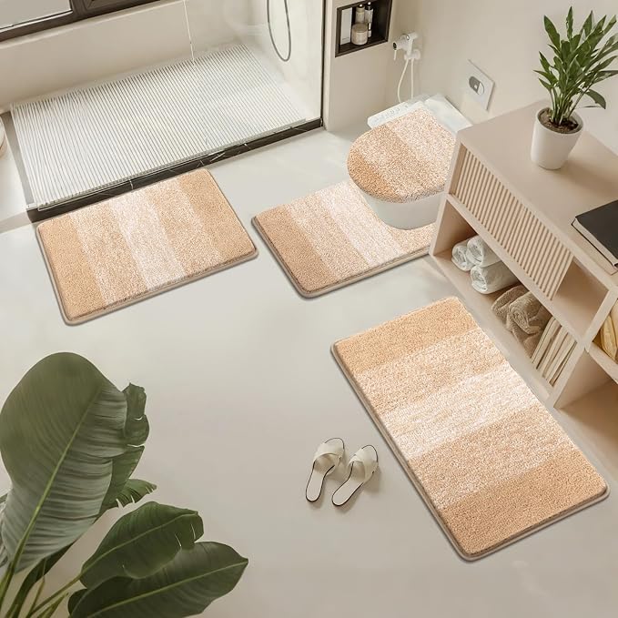 Bsmathom Bathroom Rug Set 4 Piece, Plush Microfiber Bath Mat, Beige | Super Water Absorbent, Non Slip Machine Washable Bath Rug Sets with Toilet Lid Cover and U-shaped Contour Toilet Mat