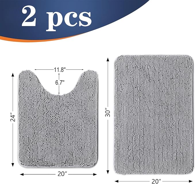 OLANLY Chenille Bathroom Rugs Mats Set 2 Piece, 30"x20"+24"x20", Light Grey | Soft Absorbent Bath Mat and U-Shaped Contour Toilet Rug Set, Quick Dry, Machine Washable Bath Carpet, Home Decor Accessories