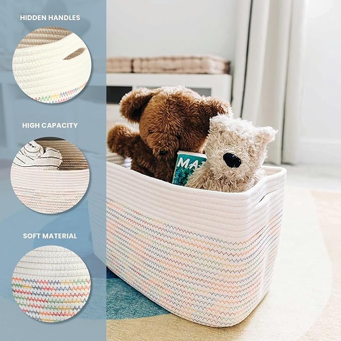 OrganiHaus Rainbow Stitches Cotton Rope Baskets for Shelves, Set of 3 - 15"×10"×9½" - Colorful Storage Baskets for Kids - Nursery, Playroom, Classroom - Toy Storage, Books, Towels