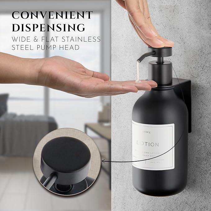 Shower Shampoo Dispenser Wall Mounted – 3 Refillable 16.9 oz Black Bottles with Stainless Steel Pumps & No-Drill Adhesive Holders – Soap Dispenser Set for Bathroom (3 X Black)