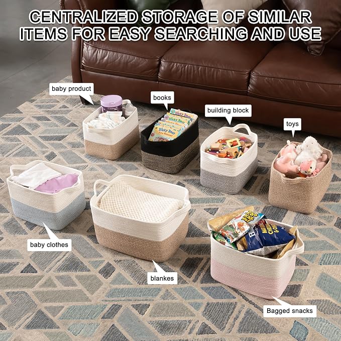 OIAHOMY Woven Storage Basket for Shelves, Rectangle Cotton Rope Baskets for Organizing, 16 x 12 x 10 in, Storage Bins for Dog Toys,Towel,Books,Gift,Black and Brown