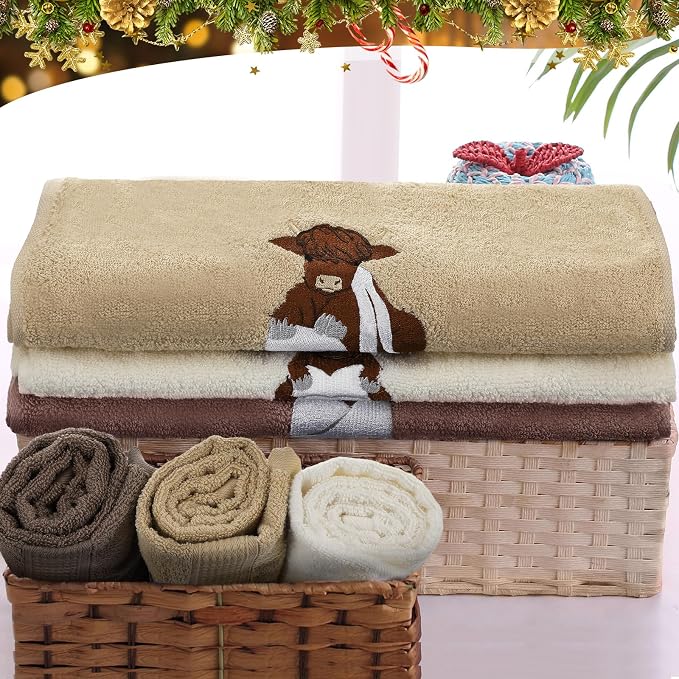3 Pcs Highland Cow Hand Towels for Bathroom Kitchen Decor Gifts | Embroidered Highland Cow Design, 100% Cotton, Farmhouse Bathroom Kitchen Decor, Absorbent Towels, Holiday Housewarming Gifts