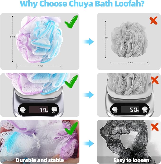 Chuya Bath Loofah Sponges 70 Grams Large Size,4 Pack Shower Sponge | Exfoliating Cleaning Bath Loofa Body Scrubber Balls for Women Men Children Washing