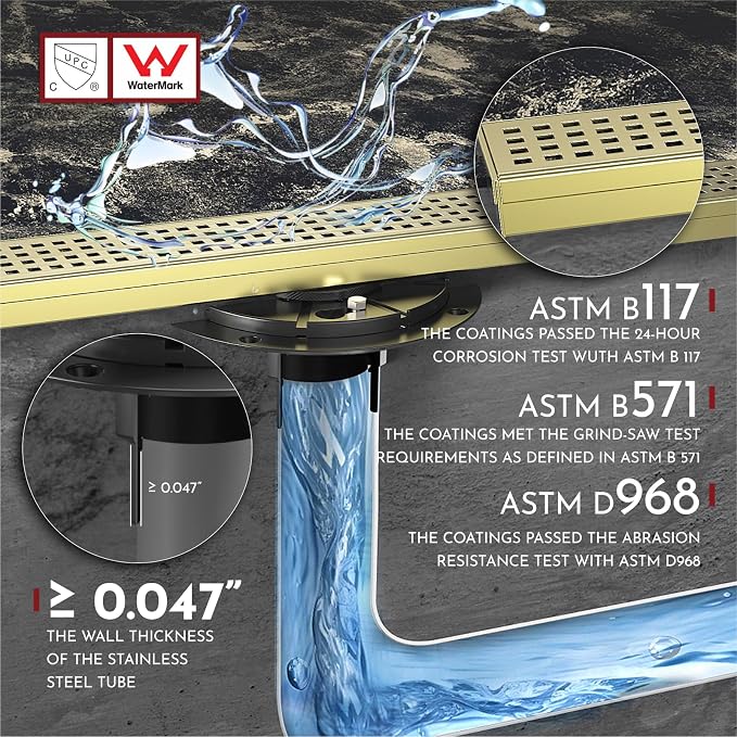 WEBANG 36 Inch Linear Shower Drain Rectangular Floor Drain with Accessories Square Hole Pattern Cover Grate Removable SUS304 Stainless Steel CUPC Certified Brushed Gold