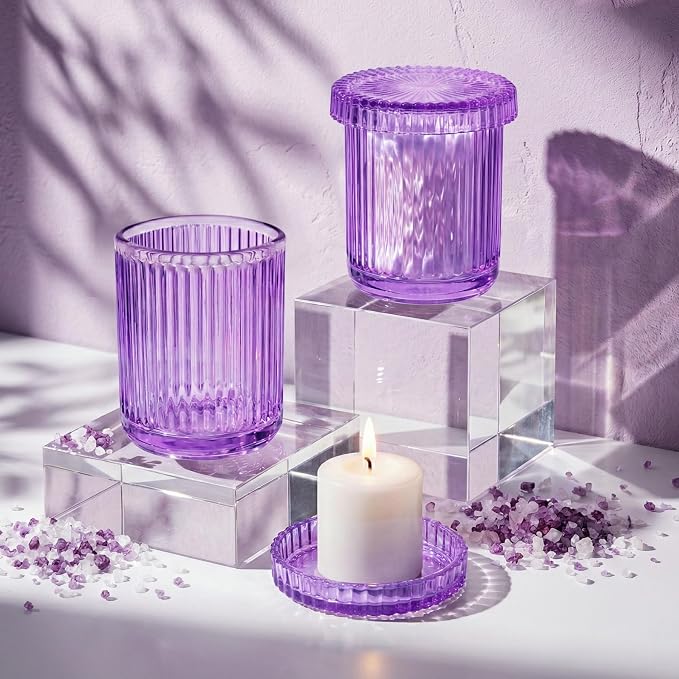 2 Pack Qtip Holder - Apothecary Jars with Lids, Bathroom Organizers and Storage Canister for Cotton Balls,Swabs,Floss Picks,Hair Ties,Clear Glass Vintage Bathroom Decor Jar Set (purple)