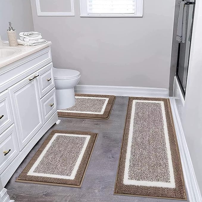 Pauwer Bathroom Rugs 3 Piece Set, Non Slip Washable Bath Mat, Coffee | Soft Plush Microfiber, Super Absorbent Floor Carpet, U Shaped Toilet Mats, Quick Dry, Shaggy Shower Rugs Runners