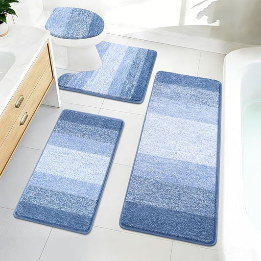 Bsmathom Bathroom Rug Set 4 Piece, Plush Microfiber Bath Mat, Light Blue | Extra Water Absorbent, Non Slip Washable Runner Bath Rugs with Toilet Lid Cover and U-shaped Contour Toilet Mat