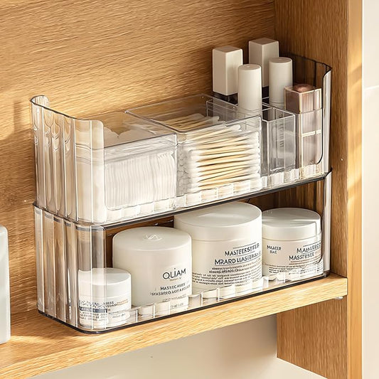 PAVSTINE 2-Tier Stackable Medicine Cabinet Organizer, Narrow Bathroom Makeup Organizer with Lipstick Holders & Cotton Swab Cases, Clear Countertop Shelf for Mirror Cabinet and Vanity