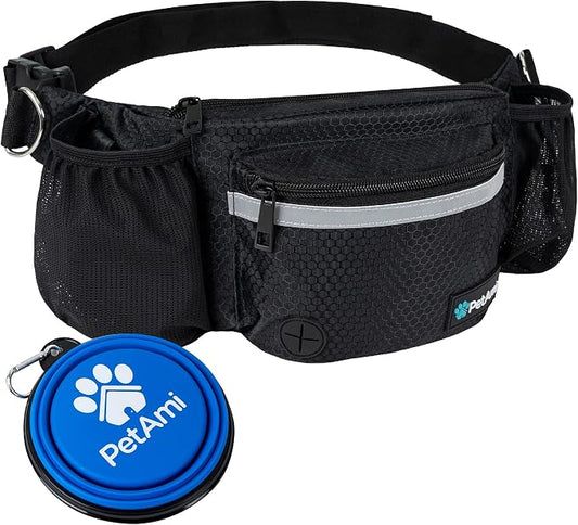 PetAmi Dog Fanny Pack, Treat Pouch for Dog Walking Training, Black | Built in Poop Bag Dispenser, Water Bottle Holder, Collapsible Bowl, Pet Treat Waist Belt for Hiking Running Kibbles