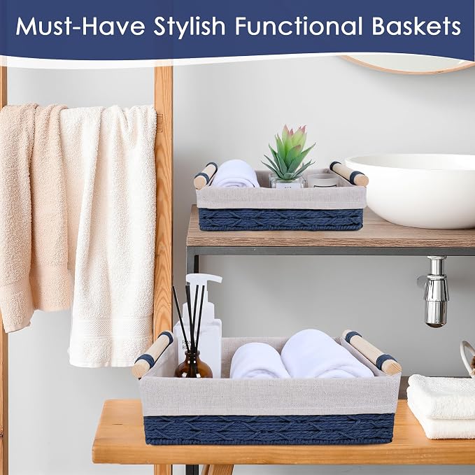 Wicker Storage Basket with Wooden Handle – Paper Rope Decorative Toilet Paper Baskets & Bathroom Organizer for Toilet Tank Top, Shelves, Bedroom, Countertop,Home,Office Storage Bins,2 Pack,Navy Blue