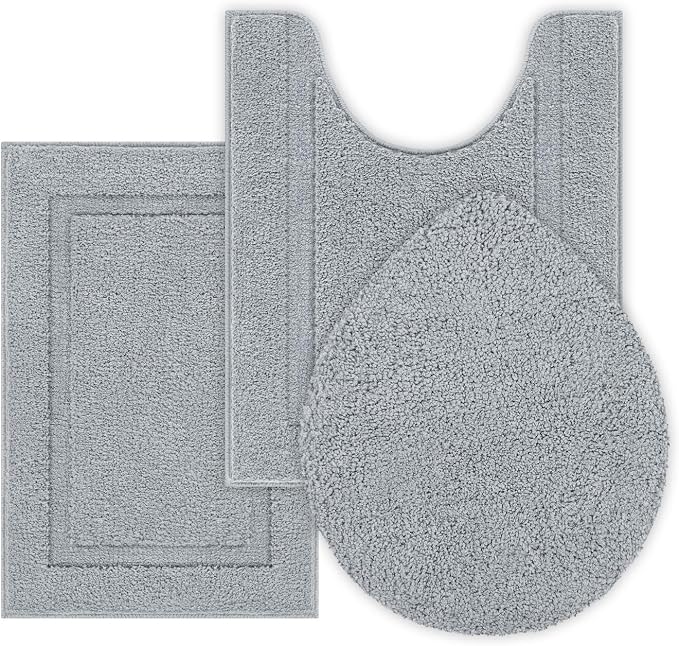 SHACOS Microfiber Bathroom Rugs Set of 3 Pieces | Small Bath Mats 16"x24" with Toilet Lid Cover U Shaped Toilet Rug Fluffy Plush Non Slip Washable Carpet(Light Grey)