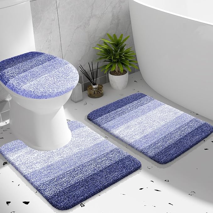 OLANLY Bathroom Rugs Sets 3 piece, Soft Microfiber Absorbent Bath Mat, U-Shaped Contour Toilet Mat and Toilet Lid Cover, Quick Dry, Machine Washable, Toilet Cover and Rug Set for Bathroom, Blue-Violet