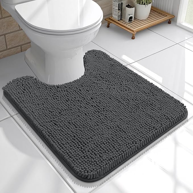 OLANLY Toilet Rugs U-Shaped 20x20, Soft Absorbent Chenille Contour Rugs | Dark Grey, Quick-Drying Rubber Backing, Machine Washable Non-Slip Shaggy Bathroom Mat for Toilet, Home Decor Accessories