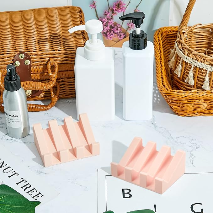 Cunhill 2 Pieces Silicone Soap Dish Self Draining Soap Dish Shower Waterfall Bar Soap Holder Tray with Drain Soap Saver for Kitchen Bathroom Accessories (Light Pink)